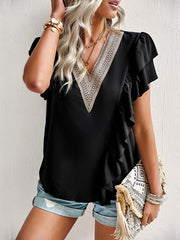 Applique Split-Joint Loose Short Sleeves V-Neck T-Shirts Tops