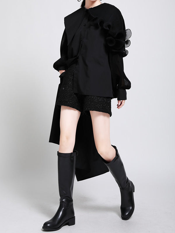 Asymmetric Pleated Solid Color Split-Joint Falbala Long Sleeves Loose Lapel Blouses&shirts Tops