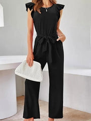 Pleated Solid Color Split-Joint Tied Waist Flying Sleeves Loose Round-Neck Jumpsuits