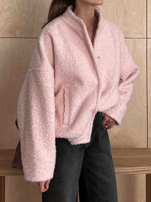 Buttoned Elasticity Pockets Solid Color Split-Joint Long Sleeves Loose Stand Collar Outerwear Jackets