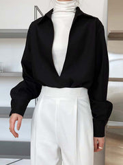 Solid Color Long Sleeves Loose Lapel Blouses