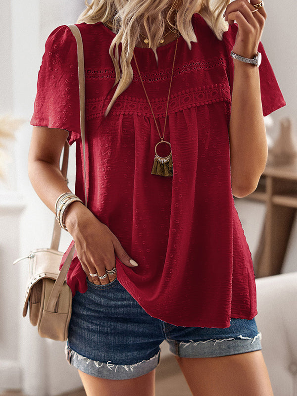 Hollow Jacquard Pleated Solid Color Split-Joint Loose Short Sleeves Round-Neck T-Shirts Tops
