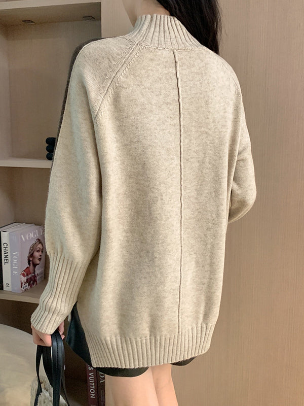 Contrast Color Split-Joint Split-Side High-Low Long Sleeves High Neck Sweater Tops Pullovers