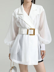 See-Through Split-Joint Tied Waist Loose Puff Sleeves Lapel Blouses&Shirts Tops