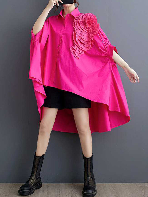 Asymmetric Buttoned Pleated Solid Color Three-Dimensional Flower Batwing Sleeves Half Sleeves Lapel Blouses&Shirts Tops