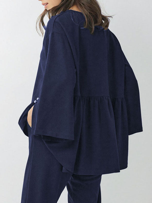 Round-Neck Batwing Sleeves High-Low Beaded Shirts Top + Elasticity Pleated Pants Bottom Two Pieces Set