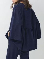 Round-Neck Batwing Sleeves High-Low Beaded Shirts Top + Elasticity Pleated Pants Bottom Two Pieces Set