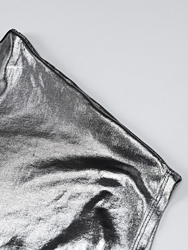 Asymmetric Shiny Solid Color Split-Joint Skinny One-Shoulder Mini Dresses Evening Dresses