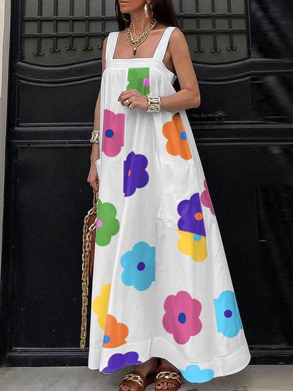 Floral Printed Loose Sleeveless Square-Neck Maxi Dresses