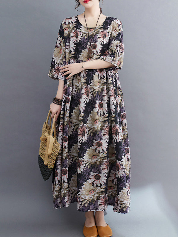 Floral Printed Pleated Split-Joint Loose Raglan Sleeve Round-Neck Midi Dresses