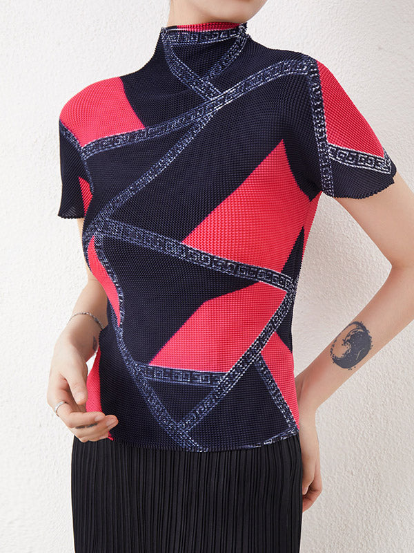 Contrast Color Pleated Printed Short Sleeves Mock Neck T-Shirts Tops