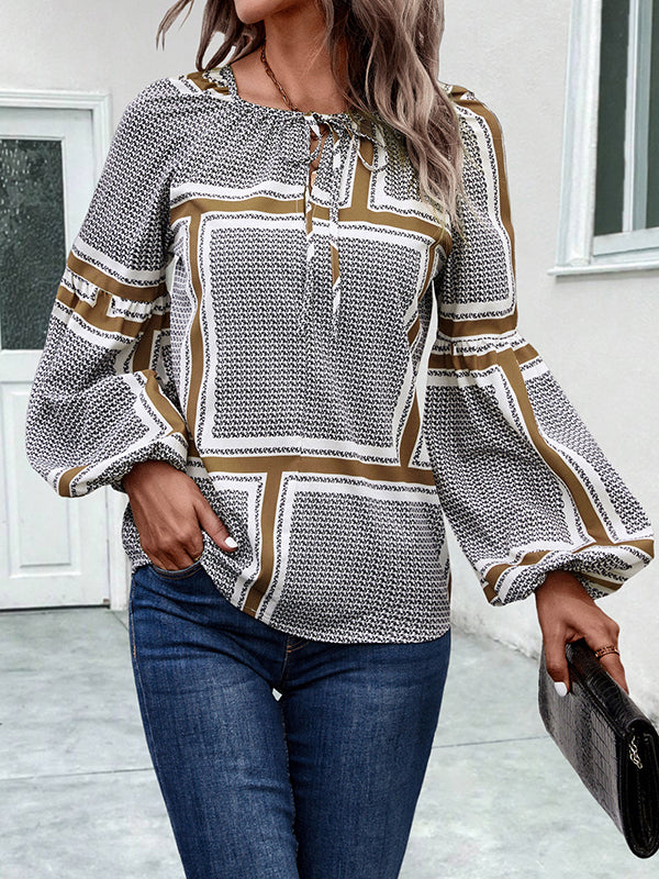 Elasticity Print Tied Long Sleeves Loose V-Neck Blouses&Shirts Tops