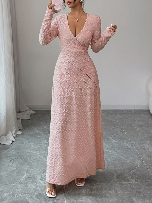 Pleated Solid Color High Waisted Long Sleeves Deep V-Neck Maxi Dresses