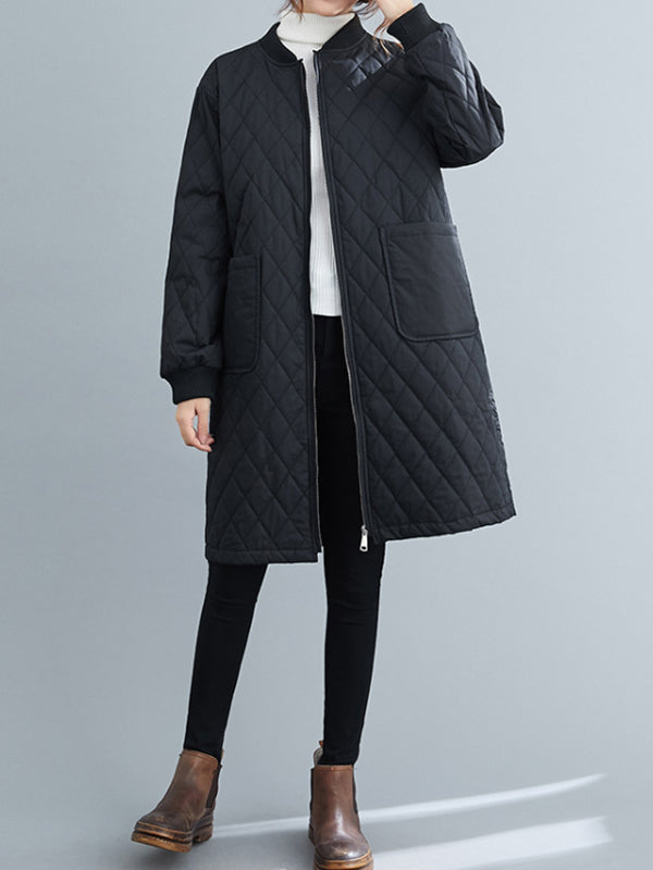 Pockets Quilted Solid Color Zipper Long Sleeves Loose Stand Collar Padded Coat