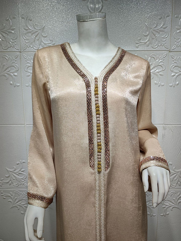 Muslim Rhine Stones Long Sleeves Loose V-Neck Robes Maxi Dresses