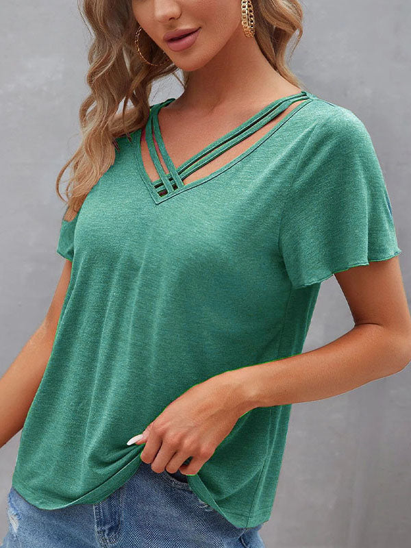 Hollow Solid Color Split-Joint Loose Plus Size V-Neck T-Shirts Tops