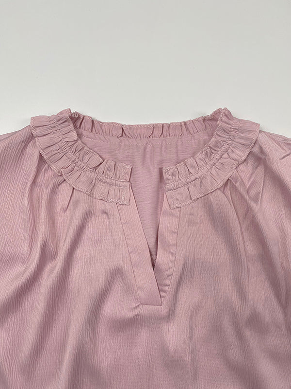 Pleated Solid Color Loose Ruffle Sleeves V-Neck T-Shirts Tops