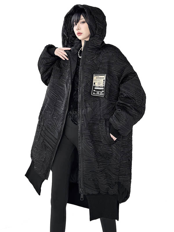 Abstract Printed Contrast Color Split-Joint Zipper High-Low Irregularity Hooded Overcoat Outerwear