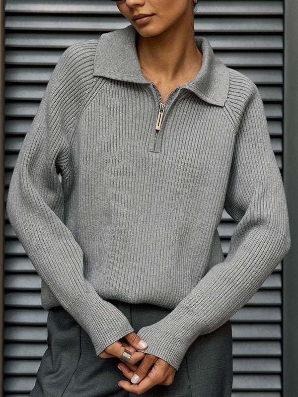 Solid Color Zipper Long Sleeves Loose Lapel Sweater Tops Pullovers