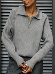 Solid Color Zipper Long Sleeves Loose Lapel Sweater Tops Pullovers