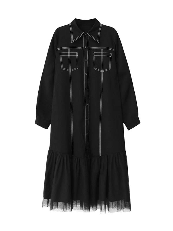 Asymmetric Buttoned Line Solid Color Split-Joint Irregularity Long Sleeves Lapel Shirt Dress Midi Dresses