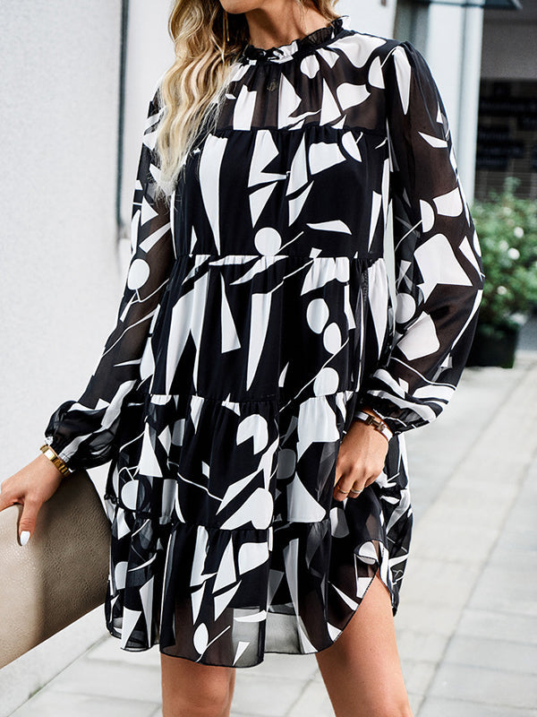 Printed Split-Joint Tied A-line High Waisted Mock Neck Mini Dresses