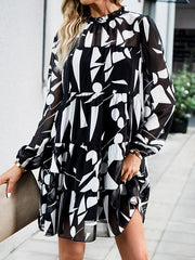 Printed Split-Joint Tied A-line High Waisted Mock Neck Mini Dresses