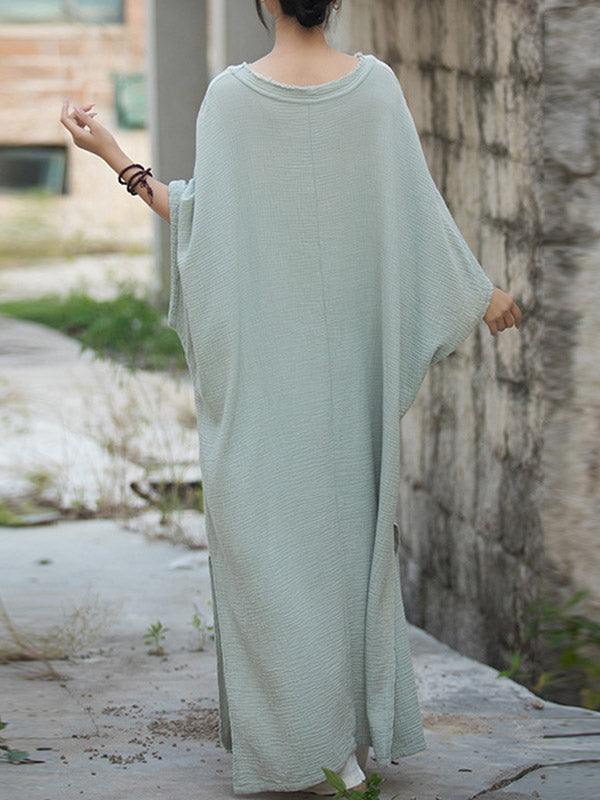 Solid Color Split-Joint Split-Side Batwing Sleeves Round-Neck Midi Dresses