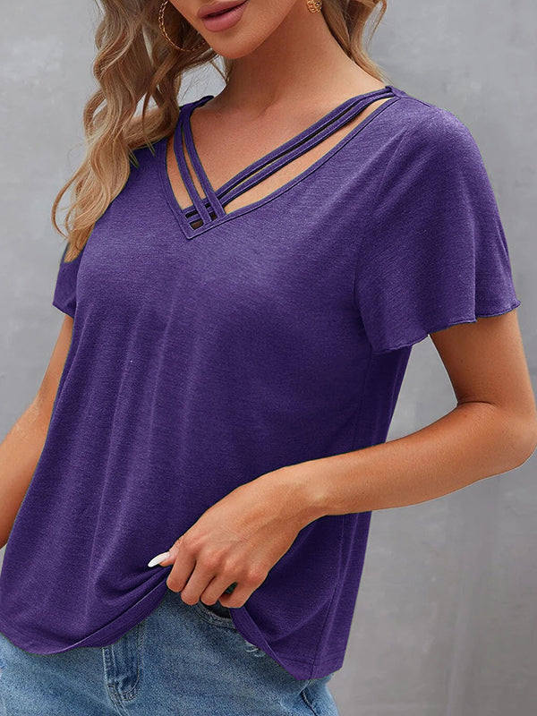 Hollow Solid Color Split-Joint Loose Plus Size V-Neck T-Shirts Tops