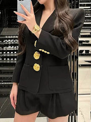 Buttoned Pockets Split-Joint Long Sleeves Loose Notched Collar Outerwear Blazer