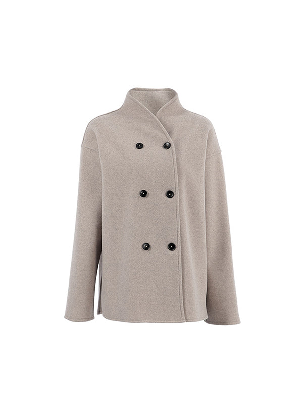 Buttoned Long Sleeves Loose Stand Collar Woolen Coat