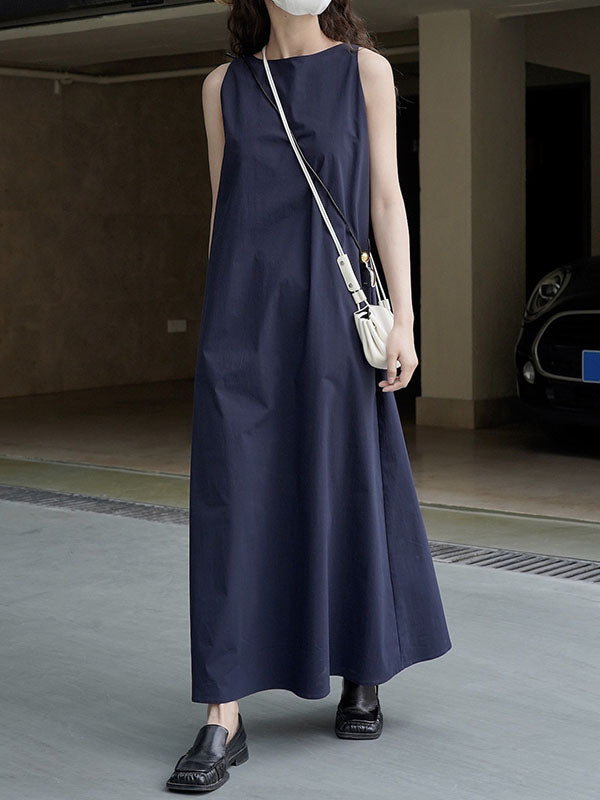 Solid Color Loose Sleeveless Round-Neck Midi Dresses