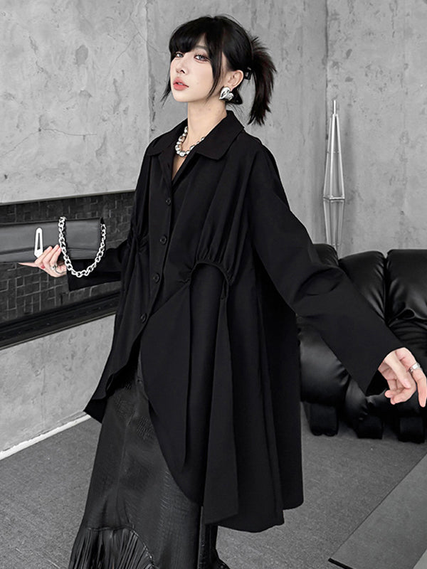 Buttoned Pleated Solid Color Split-Joint High-Low Irregularity Shirt Collar Blouses&Shirts Tops