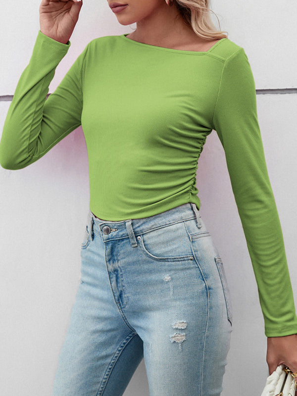 Solid Color Long Sleeves Skinny Asymmetric Collar T-Shirts Tops