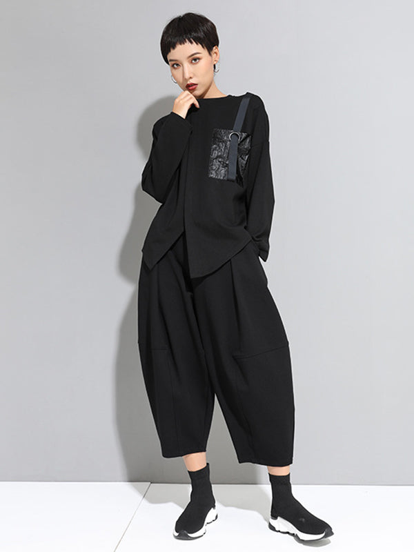 Loose Long Sleeves Split-Front Round-Neck T-Shirts Tops