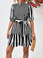 Buttoned Striped Half Sleeves Loose Stand Collar Mini Dresses