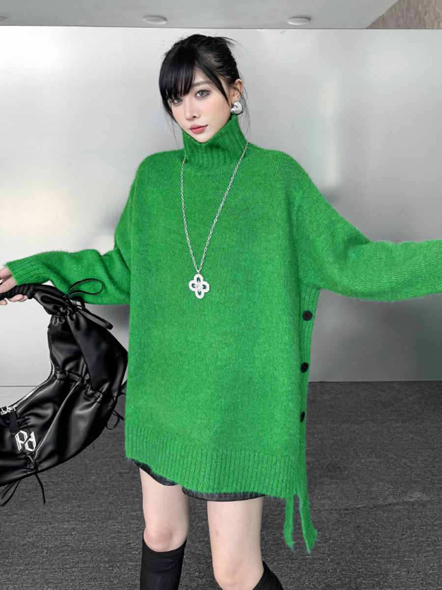 Buttoned Ribs Solid Color Split-Joint Irregularity Long Sleeves High Neck Sweater Tops