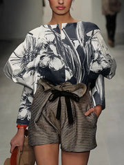 Long Sleeves Loose Flower Print Boat Neck Blouses&Shirts Tops