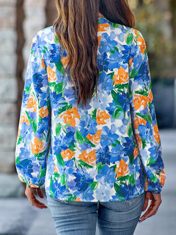 Elasticity Flower Print Long Sleeves Loose V-Neck Blouses&Shirts Tops