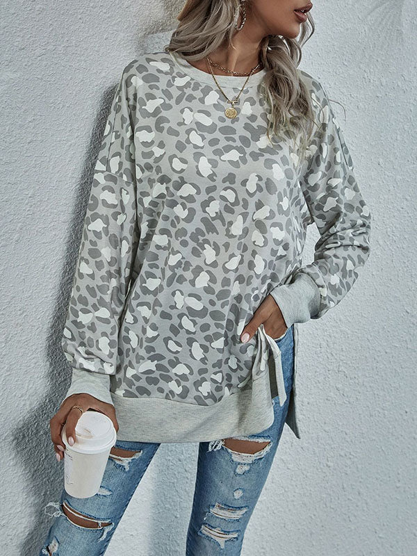Leopard Split-Joint Split-side Long Sleeves Loose Round-neck Sweatshirt Tops