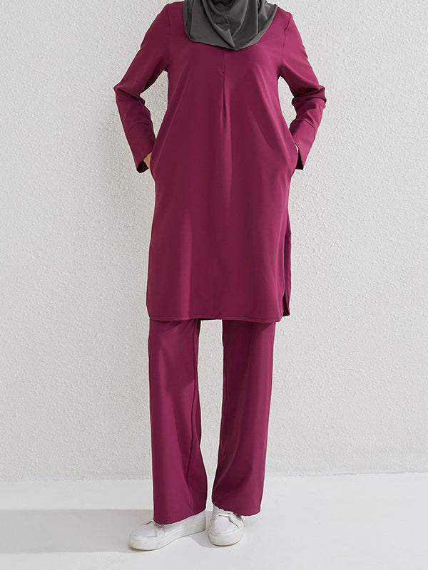 Round-Neck Long Sleeves Pockets Solid Color Split-Side Shirts Top + Pants Bottom Two Pieces Set