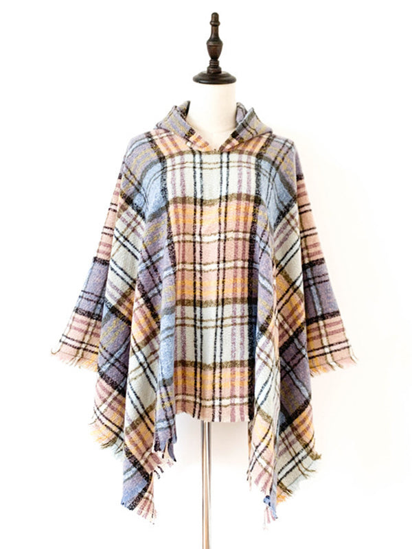 Fringed Hooded Keep Warm Plaid Shawl&Cloak Cape