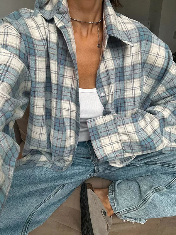 Buttoned Plaid Pockets Long Sleeves Loose Lapel Outerwear Blouses&Shirts Tops