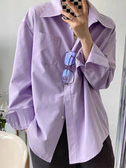 Buttoned Pockets Solid Color Long Sleeves Loose Lapel Blouses&Shirts Tops