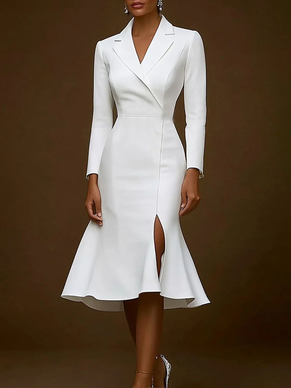 Solid Color Skinny Wrap Notched Collar Midi Dresses