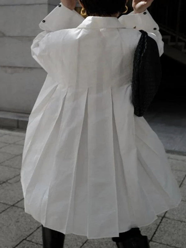 Buttoned Pleated Solid Color Long Sleeves Lapel Shirt Dress Midi Dresses