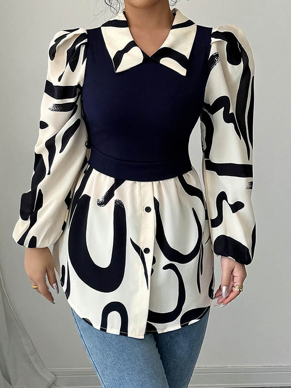 Buttoned Contrast Color Pleated Split-Joint Long Sleeves Loose Lapel Blouses&Shirts Tops