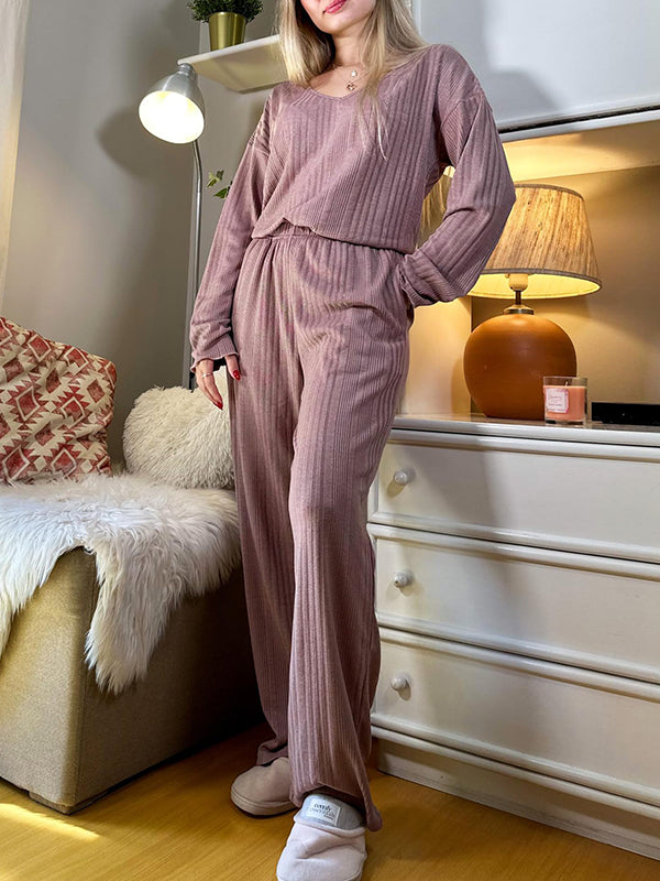 Solid Color Long Sleeves Loose V-Neck Shirt Top + Pants Bottom Pajama Sets