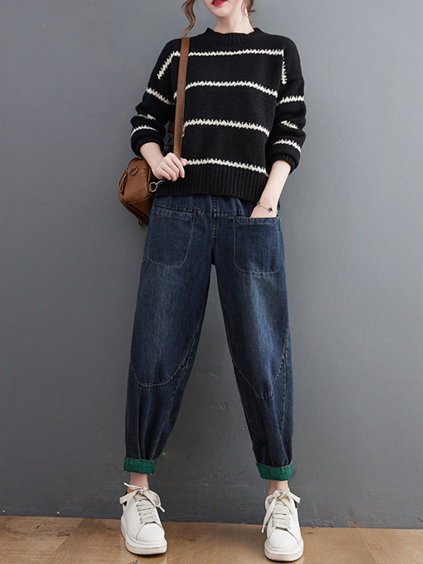 Casual Loose Long Sleeves Striped Round-Neck Sweater Tops