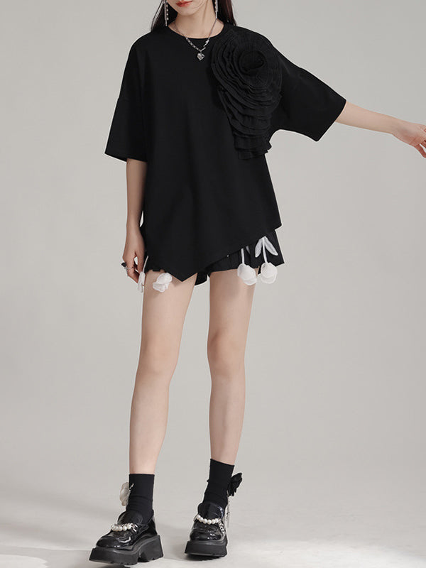 Asymmetric Solid Color Three-Dimensional Flower Loose Short Sleeves Round-Neck T-Shirts Tops